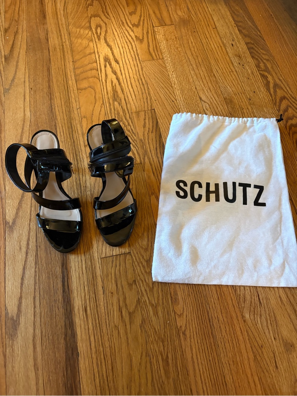 SCHUTZ Black Patent Multi-Strap Heeled Sandals